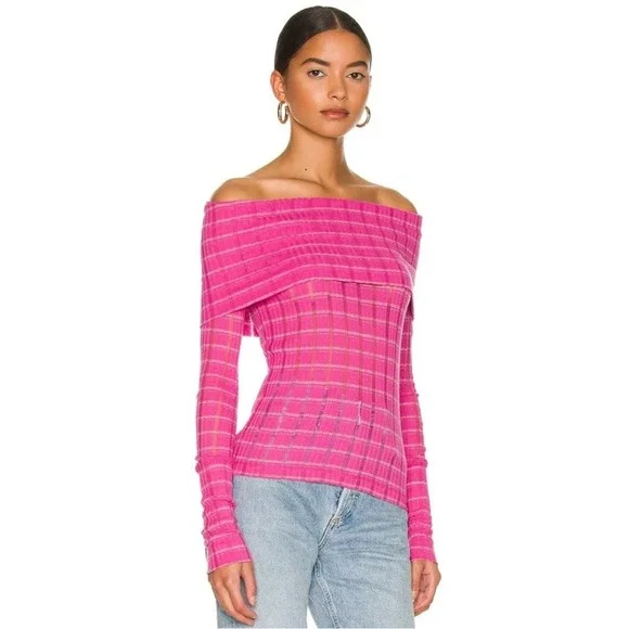 Free People Revolve Snowbunny GF Rib Off the shoulder Top in Fuchsia Fizz Combo - Picture 2 of 5